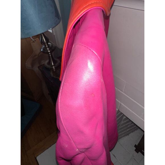 VINTAGE 80's UNWORN VAKKO PINK/ORANGE GLOVE LEATHER JACKET MOD S - Picture 9 of 11